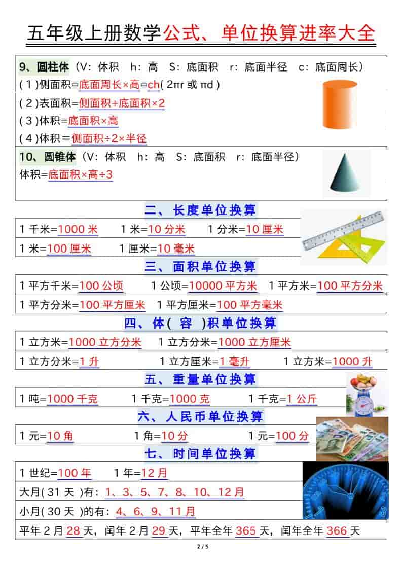 五年级上数学公式、单位换算进率大全