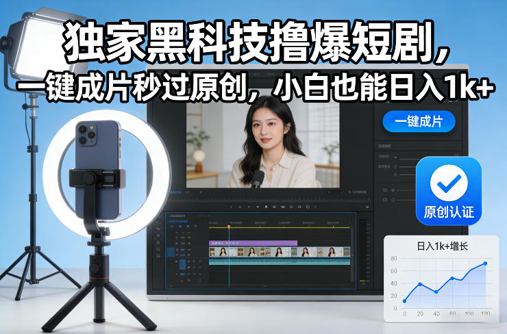 独家黑科技撸爆短剧，一键成片秒过原创，小白也能日入1k+【揭秘】-90网