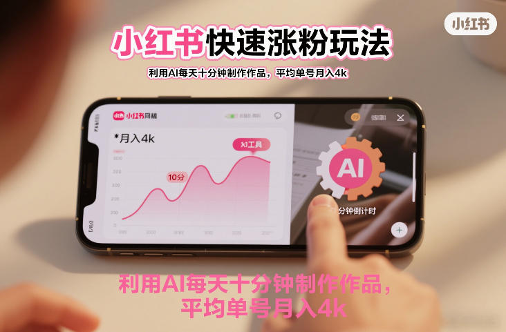 小红书快速涨粉玩法，利用AI每天十分钟制作作品，平均单号月入4k-网亿资源平台
