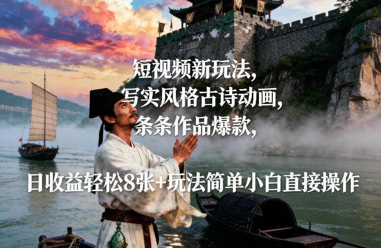 短视频新玩法,写实风格古诗动画,条条作品爆款,日收益轻松8张+玩法简单小白直接操作-邪修侠 - 演示