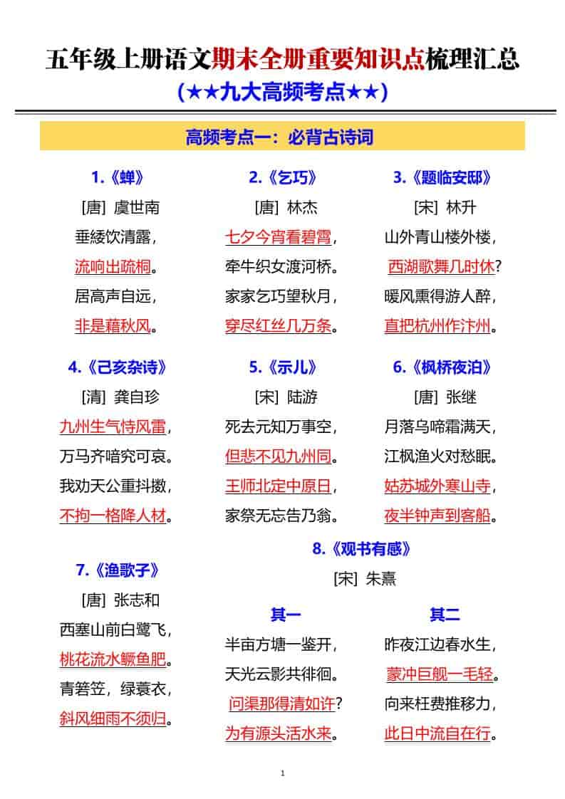 G五年级上册语文期末全册重要知识点梳理汇总-网亿资源平台