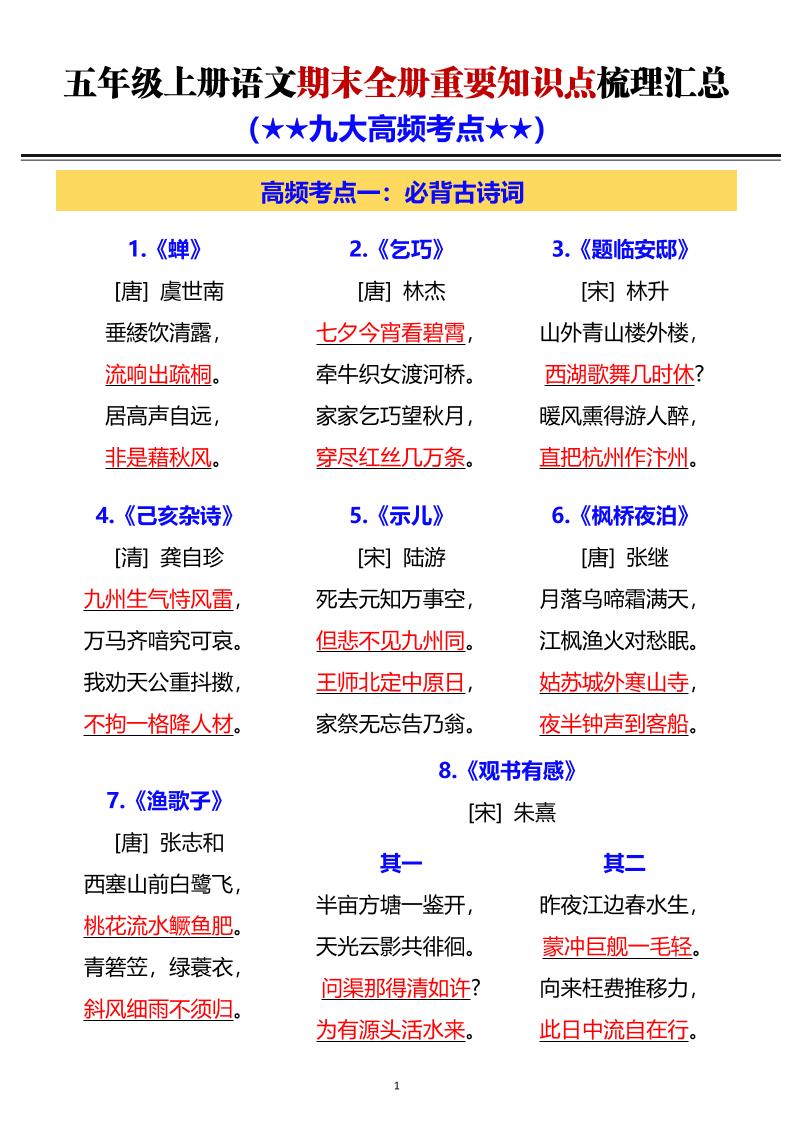 五年级上语文期末全册重要知识点梳理汇总-网亿资源平台