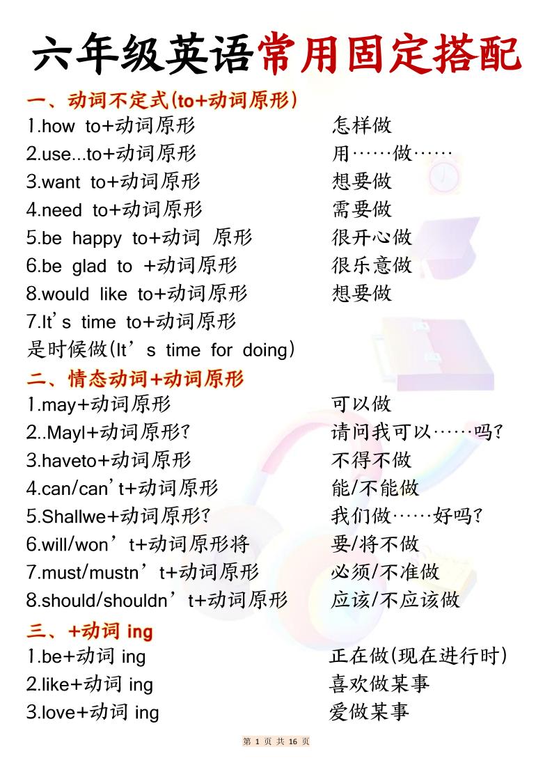 六年级上英语常用固定搭配-皓哥创业笔记