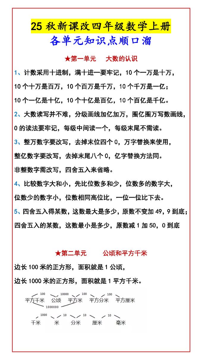 四年级上数学知识点汇总-皓哥创业笔记