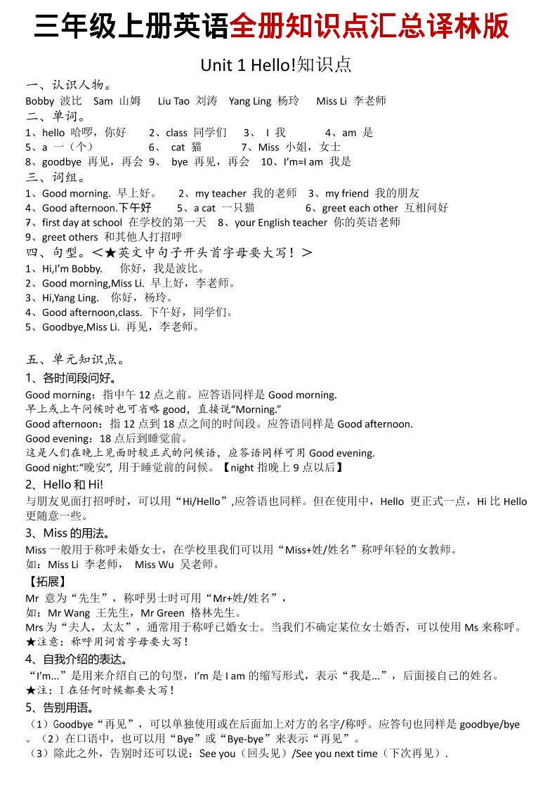 三年级上英语知识点汇总《译林版》-皓哥创业笔记
