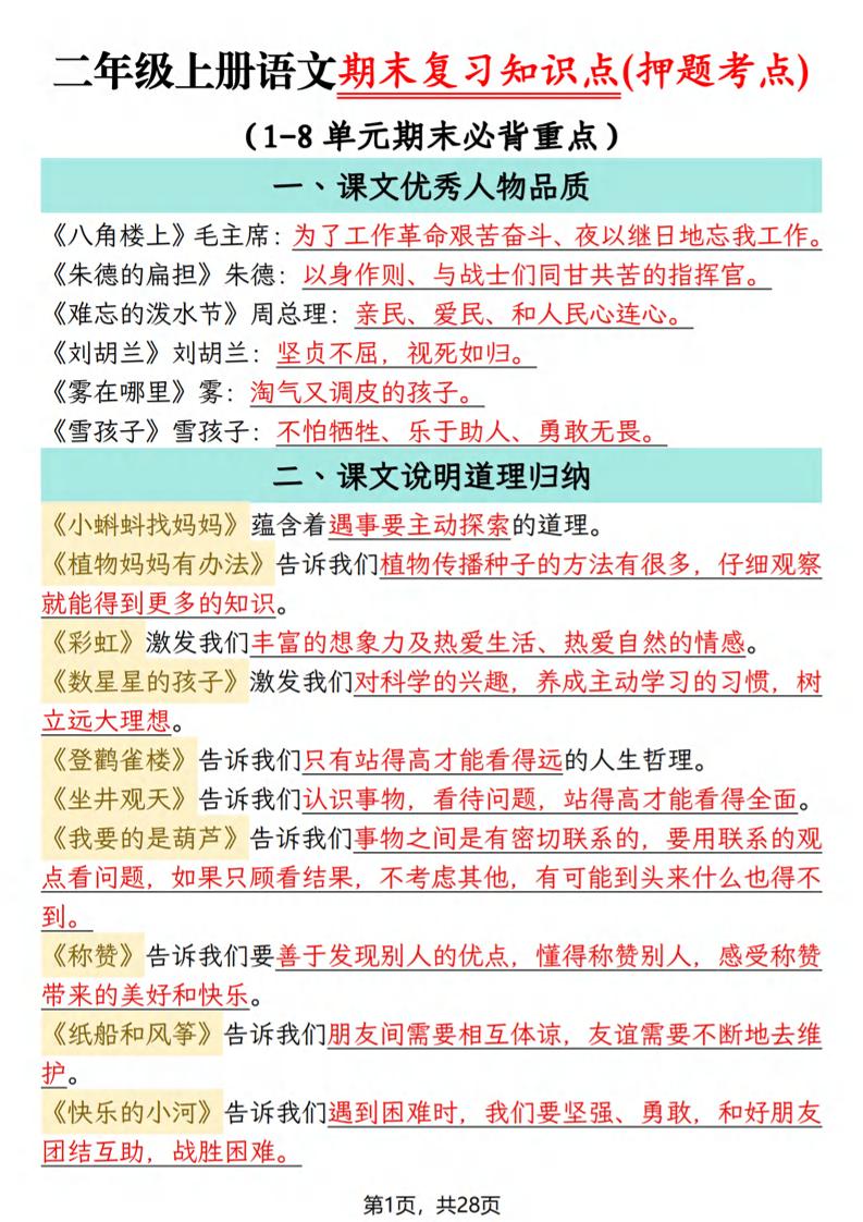 25秋二上语文期末复习知识点(押题考点)28页-皓哥创业笔记
