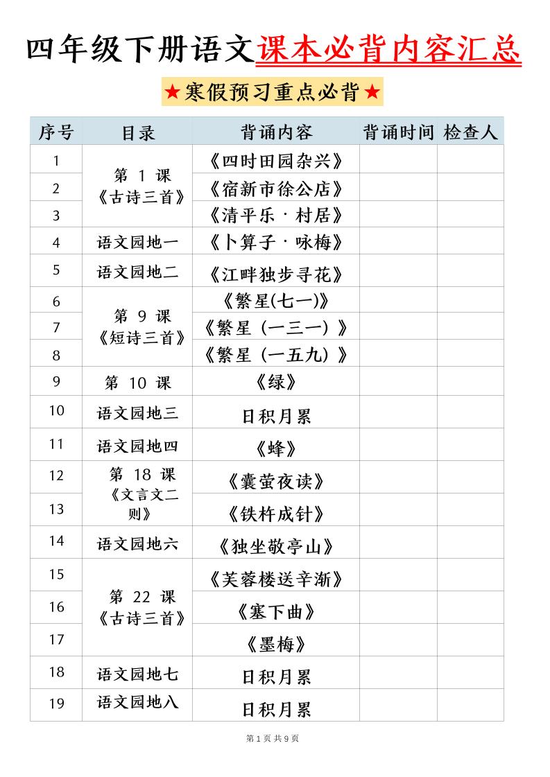 四下语文寒假预习课本必背内容汇总（9页）-皓哥创业笔记