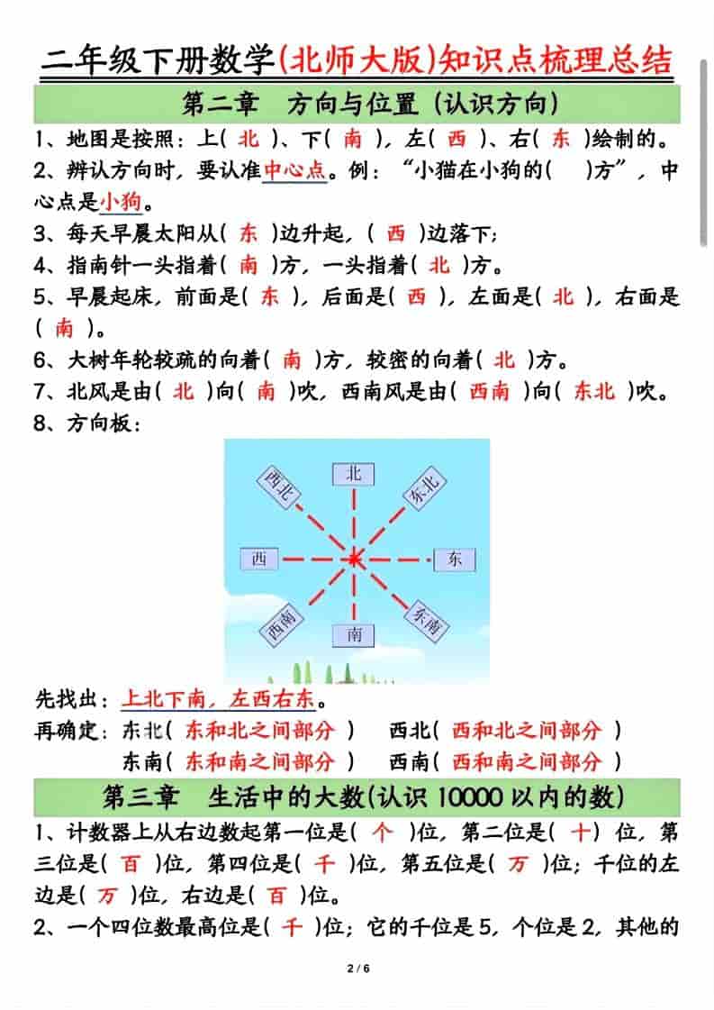 二年级下数学知识点梳理总结《北师版》