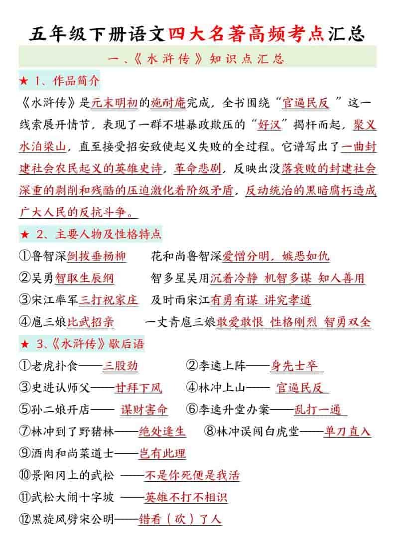 五年级下语文四大名著高频考点-皓哥创业笔记