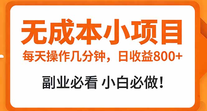 无成本小项目 每天操作几分钟,真实日收益800+ 副业必看 小白必做!