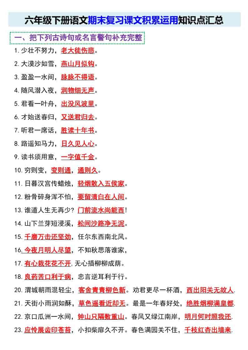 六年级下语文期末复习课文积累运用知识点汇总-皓哥创业笔记