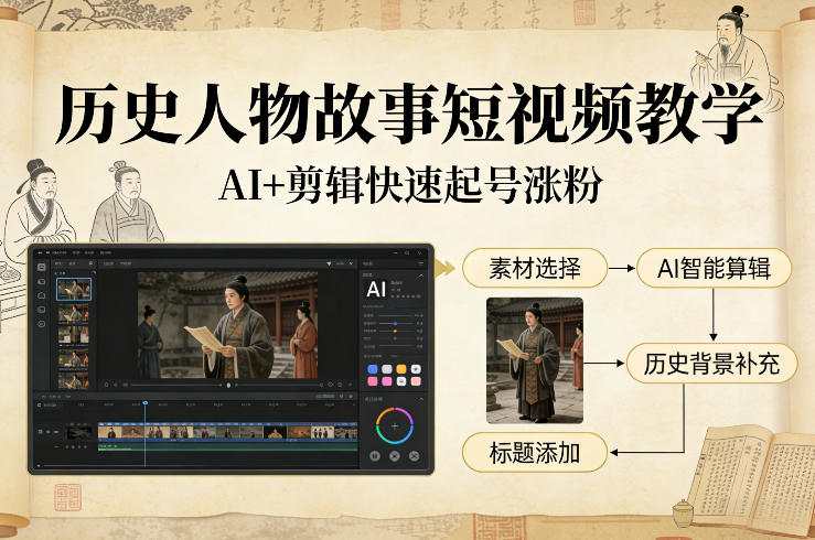 历史人物故事短视频教学，AI+剪辑制作历史人物题材短视频，快速起号涨粉-邪修侠 - 演示