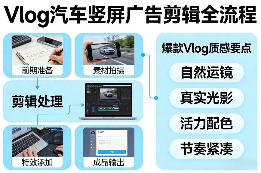 Vlog感觉汽车竖屏广告剪辑脚本全流程，拿捏爆款Vlog质感-网亿资源平台