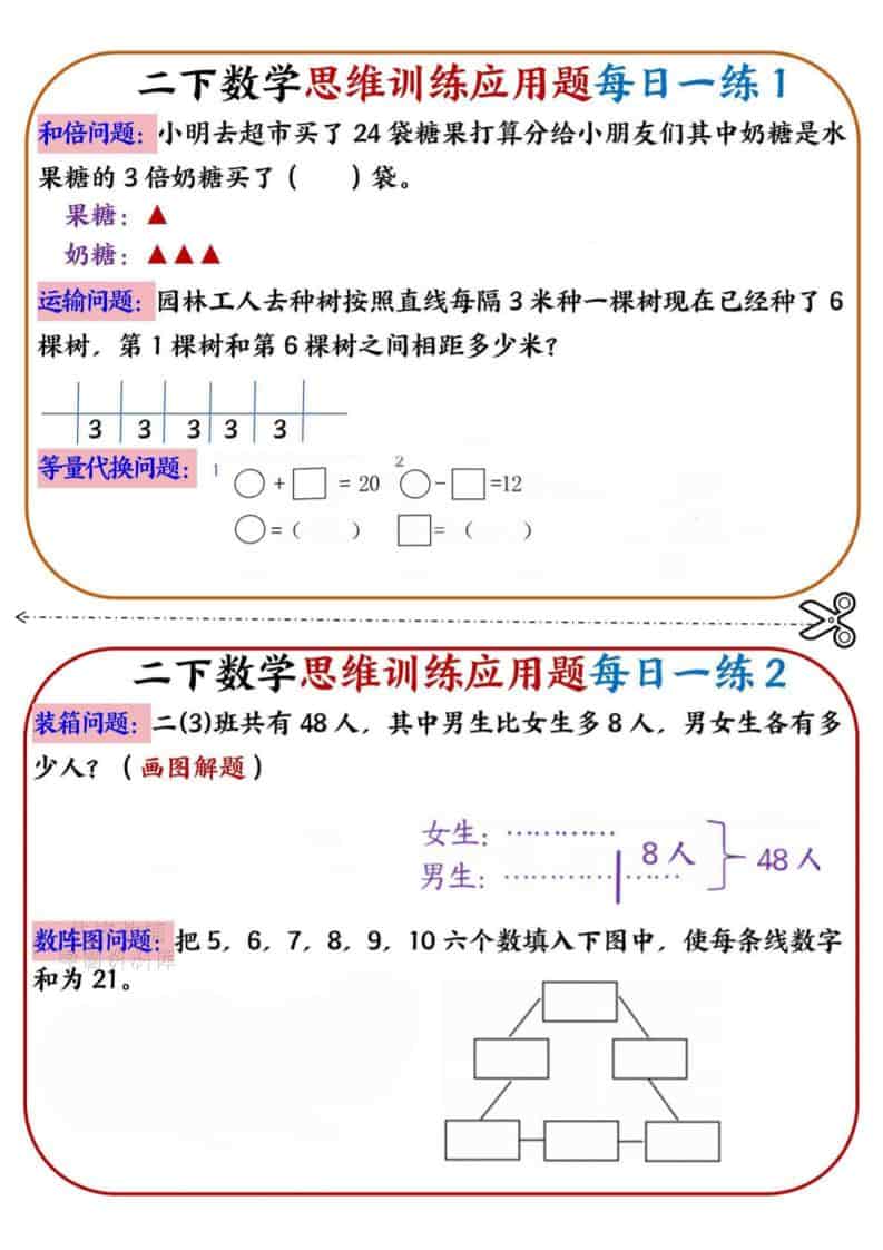 二年级下数学思维训练应用题每日一练小纸条-皓哥创业笔记
