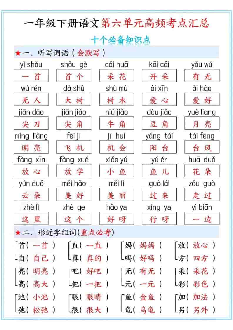 一年级下语文第六单元高频考点汇总-皓哥创业笔记