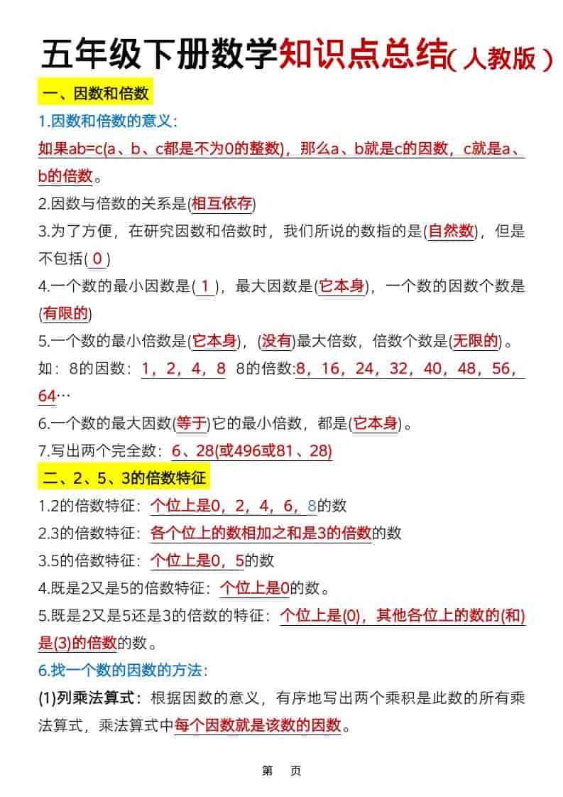 五年级下数学知识点总结《人教版》-皓哥创业笔记