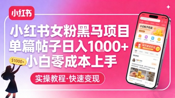 小红书女粉黑马项目，单篇帖子日入1k+，小白零成本上手-网亿资源平台