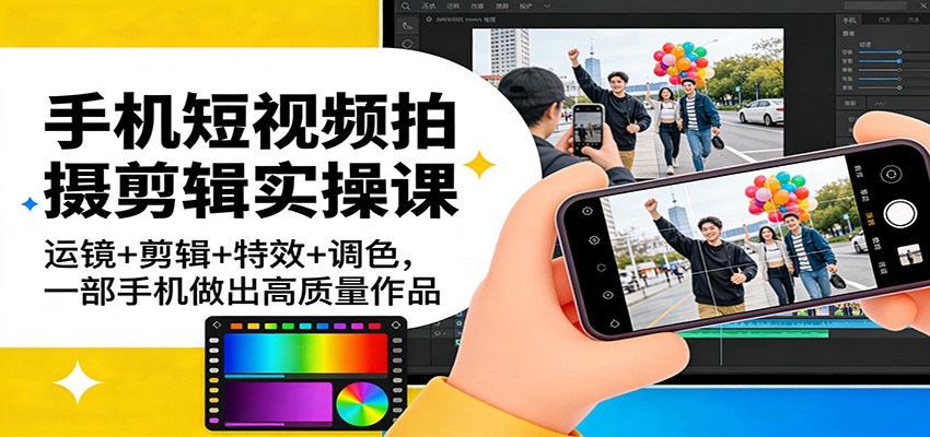 手机短视频拍摄剪辑实操课：运镜+剪辑+特效+调色，一部手机做出高质量作品-网亿资源平台