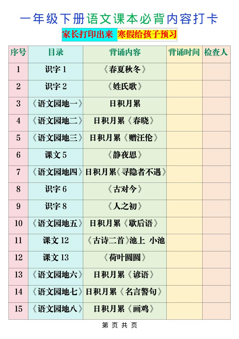 一年级下语文课本必背内容打卡-皓哥创业笔记