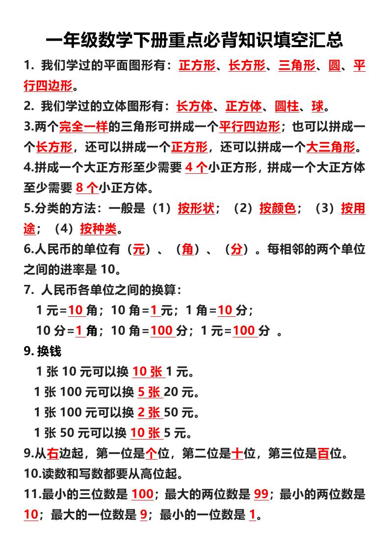 一年级下数学重点必背知识填空汇总-皓哥创业笔记