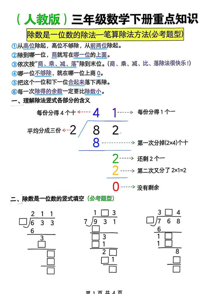 三年级下数学除数是一位数的除法—笔算除法方法(必考题型)《人教版》-皓哥创业笔记