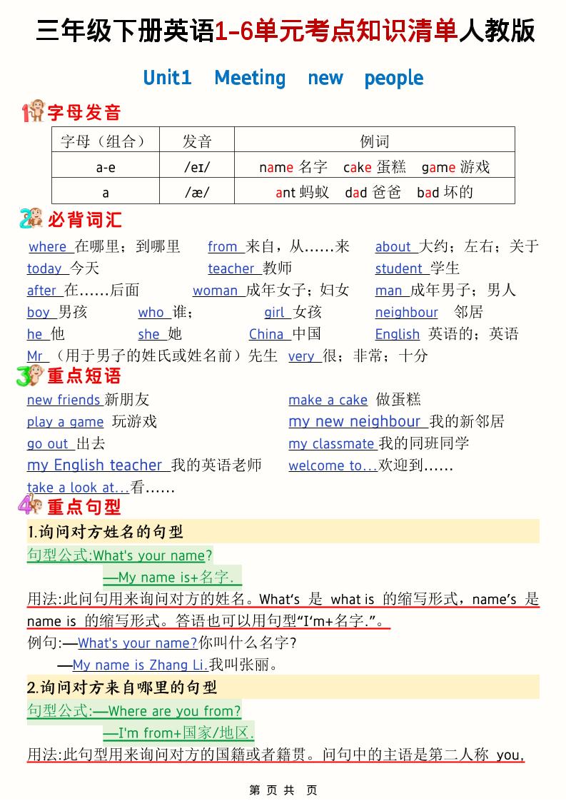 三年级下英语1-6单元考点知识清单《人教版PEP》-皓哥创业笔记