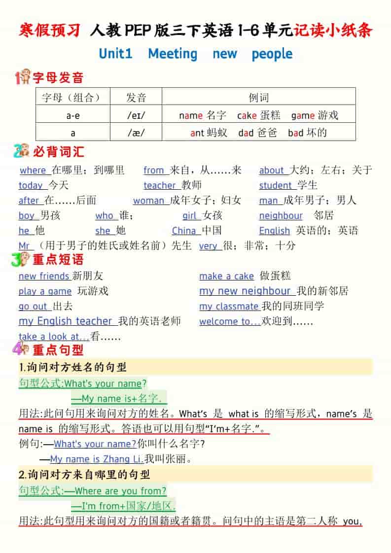 三年级下英语寒假预习1-6单元记读小纸条《人教版PEP》-皓哥创业笔记