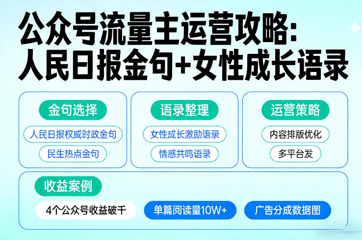 利用人民日报金句+女性成长语录做公众号流量主,4个公众号收益破千-皓哥创业笔记
